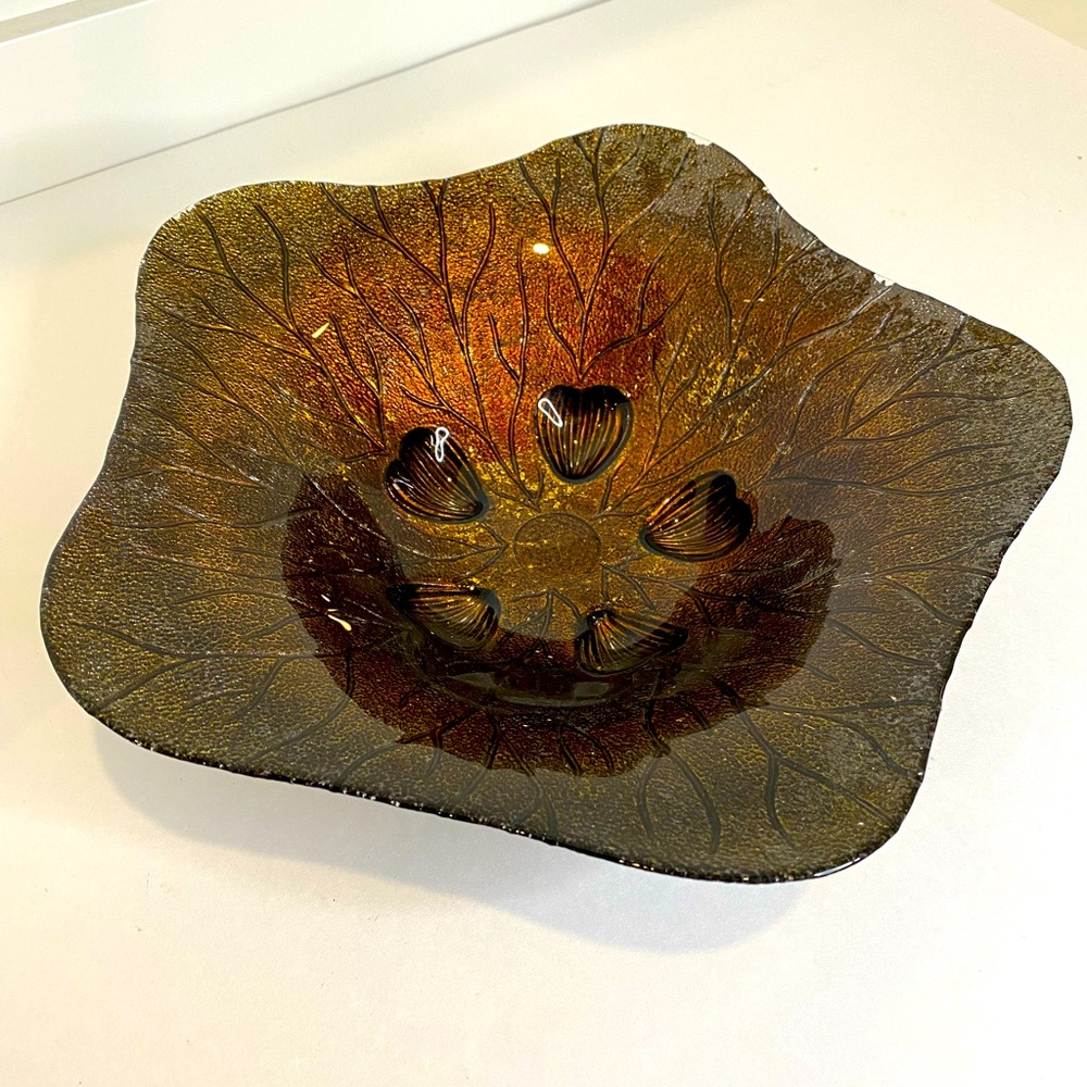 Large Glass Bowl Brown Iridescent Dish Art Glass